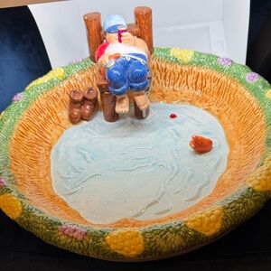 Vintage gone fishin Whimsical Ceramic Bowl with Fisherman